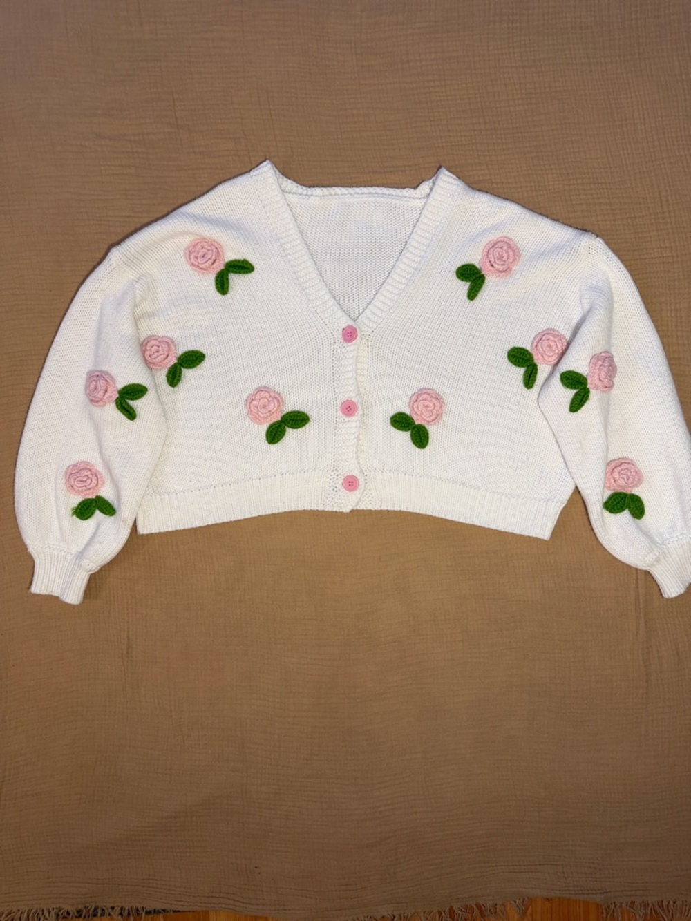 White Cropped Cardigan with Pink Rose Knit Appliqués